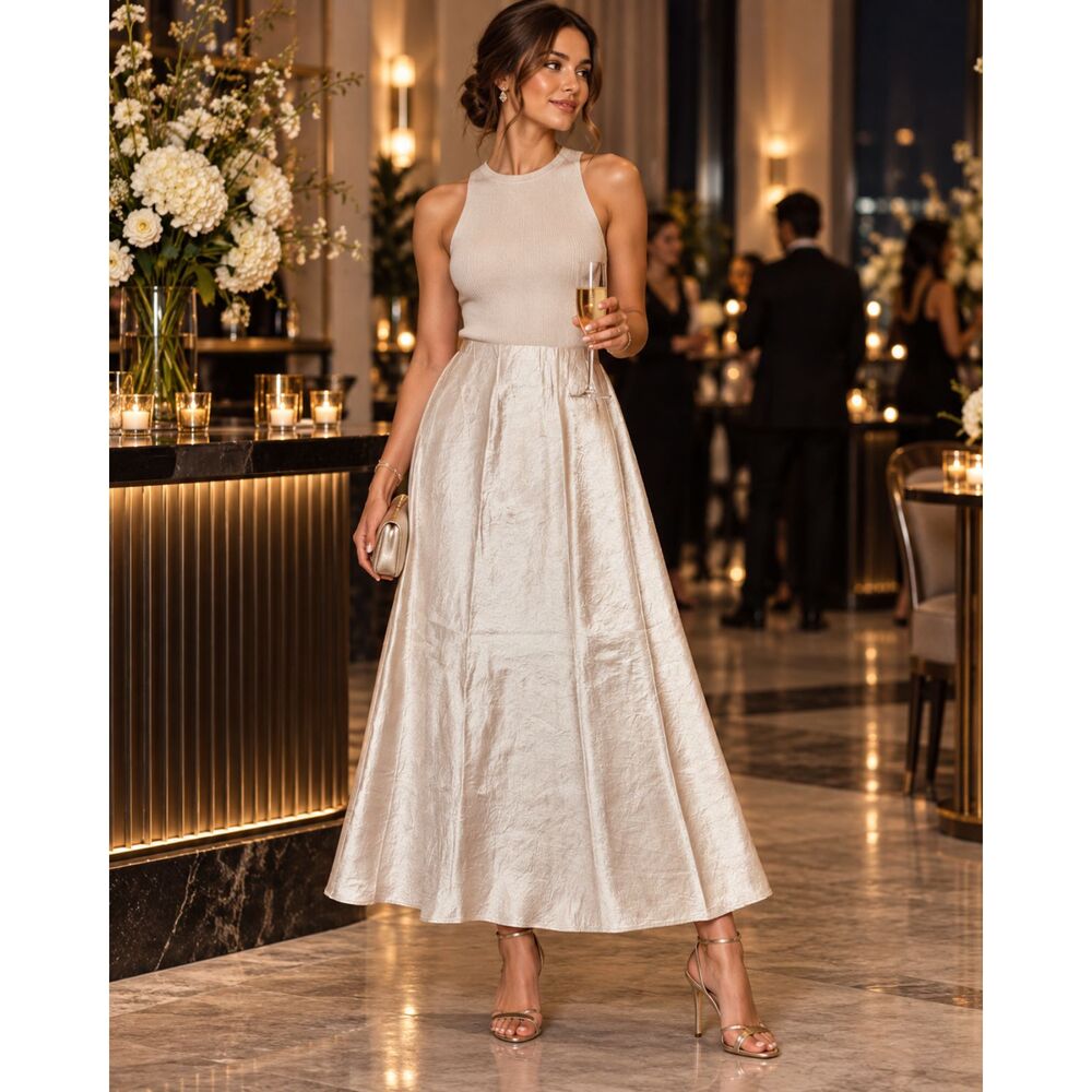 Aritzia Babaton Womens 6 Champagne Satin Midi Skirt 100% Acetate Quiet Luxury